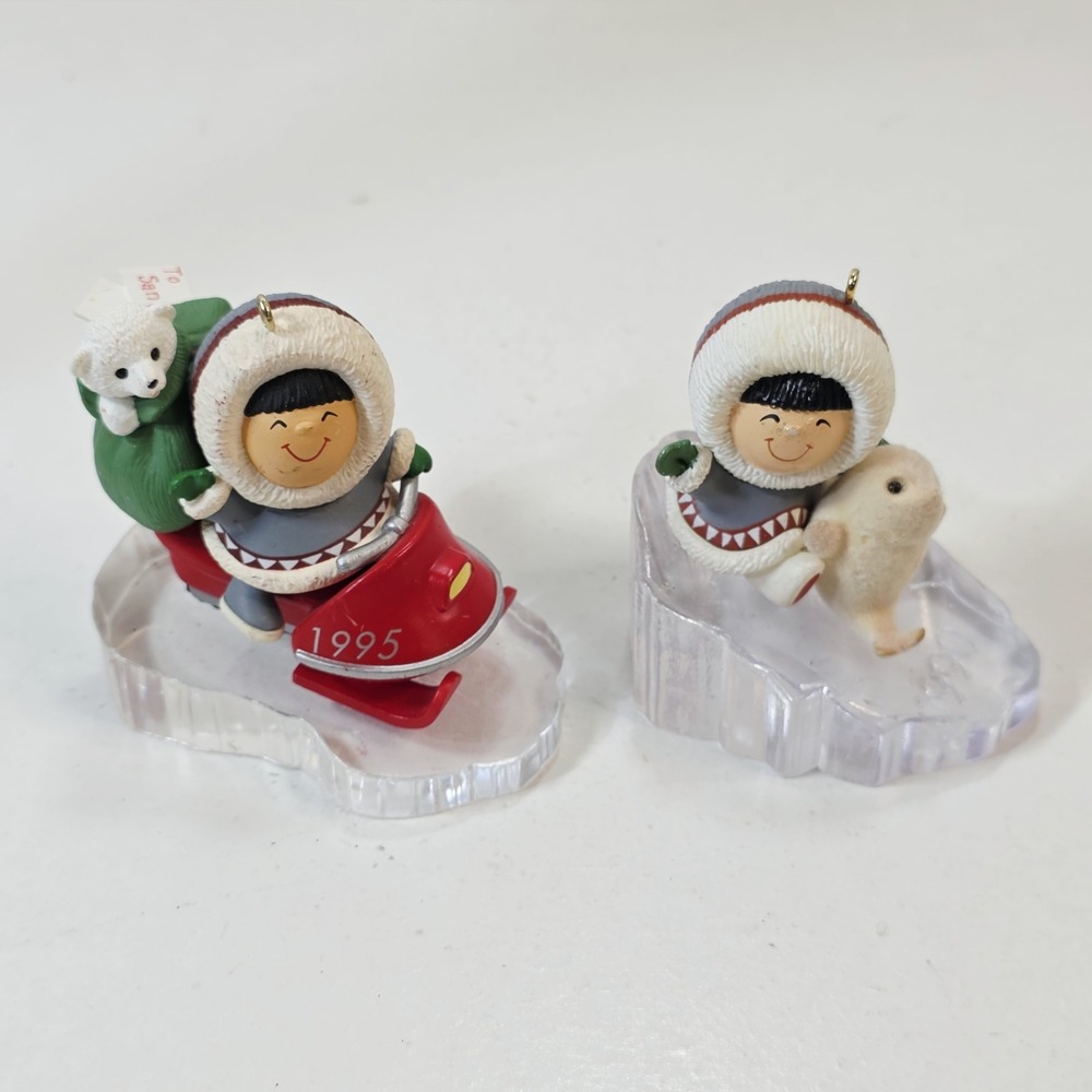 2 Vtg Frosty Friends Hallmark Christmas Ornament Eskimo Snowmobile Seal 1990 95